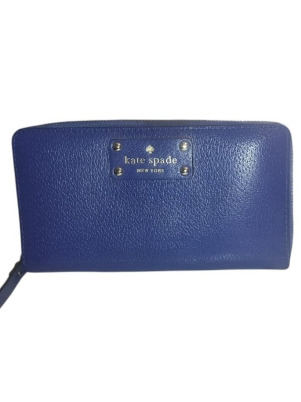 kate spade Blue Pebbled Leather Zip Wallet -callout on spine